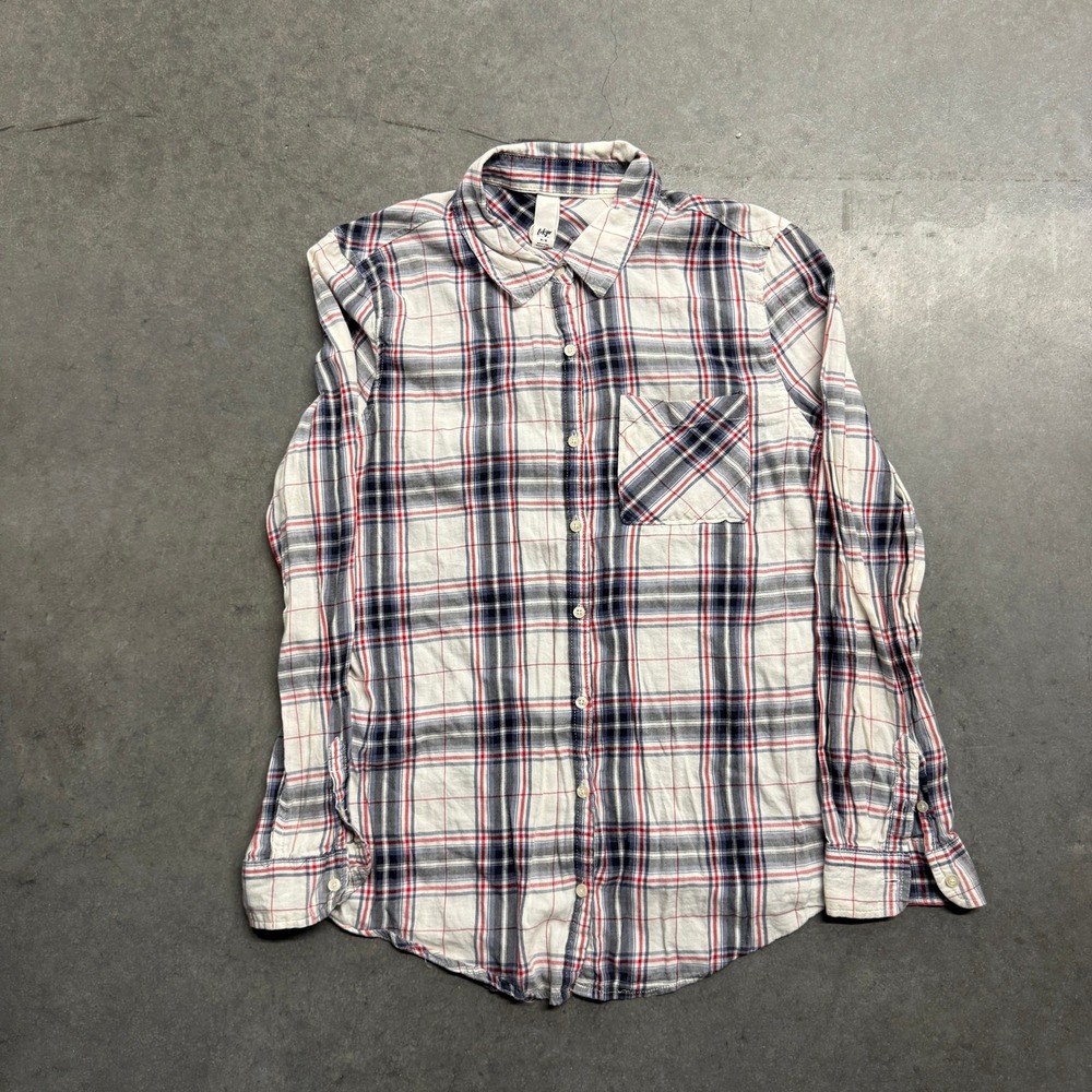 Tokyo Darling Plaid Graphic Back Button Down Shirt Red White Blue Womens Medium